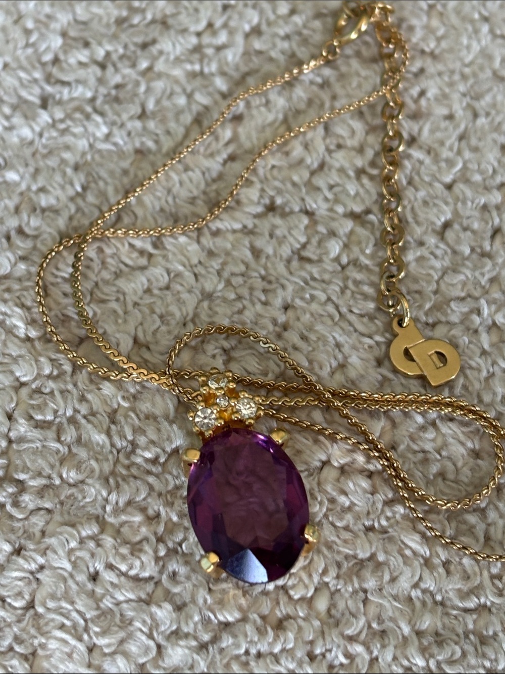 🟡Authentic Christian Dior Vintage Amethyst Necklace W/Clear Crystals & Gold Tone - Picture 9 of 12